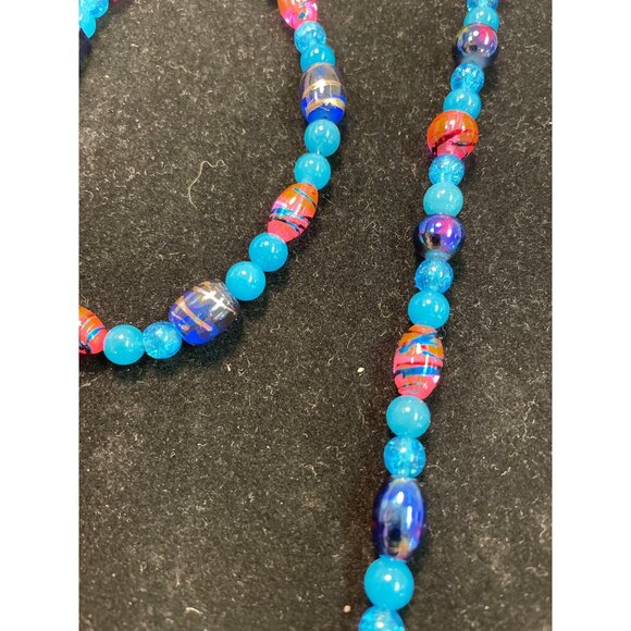 Handmade Cotton Candy Pink Blue Glass Beaded Necklace Bracelet Matching Set - Picture 2 of 4